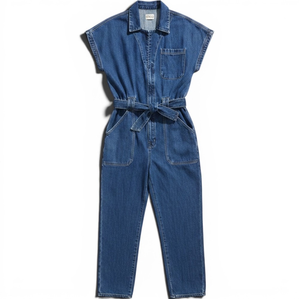 Ética Megg Utility Belted Denim Jumpsuit Large Cotton Boho Country Chic Western